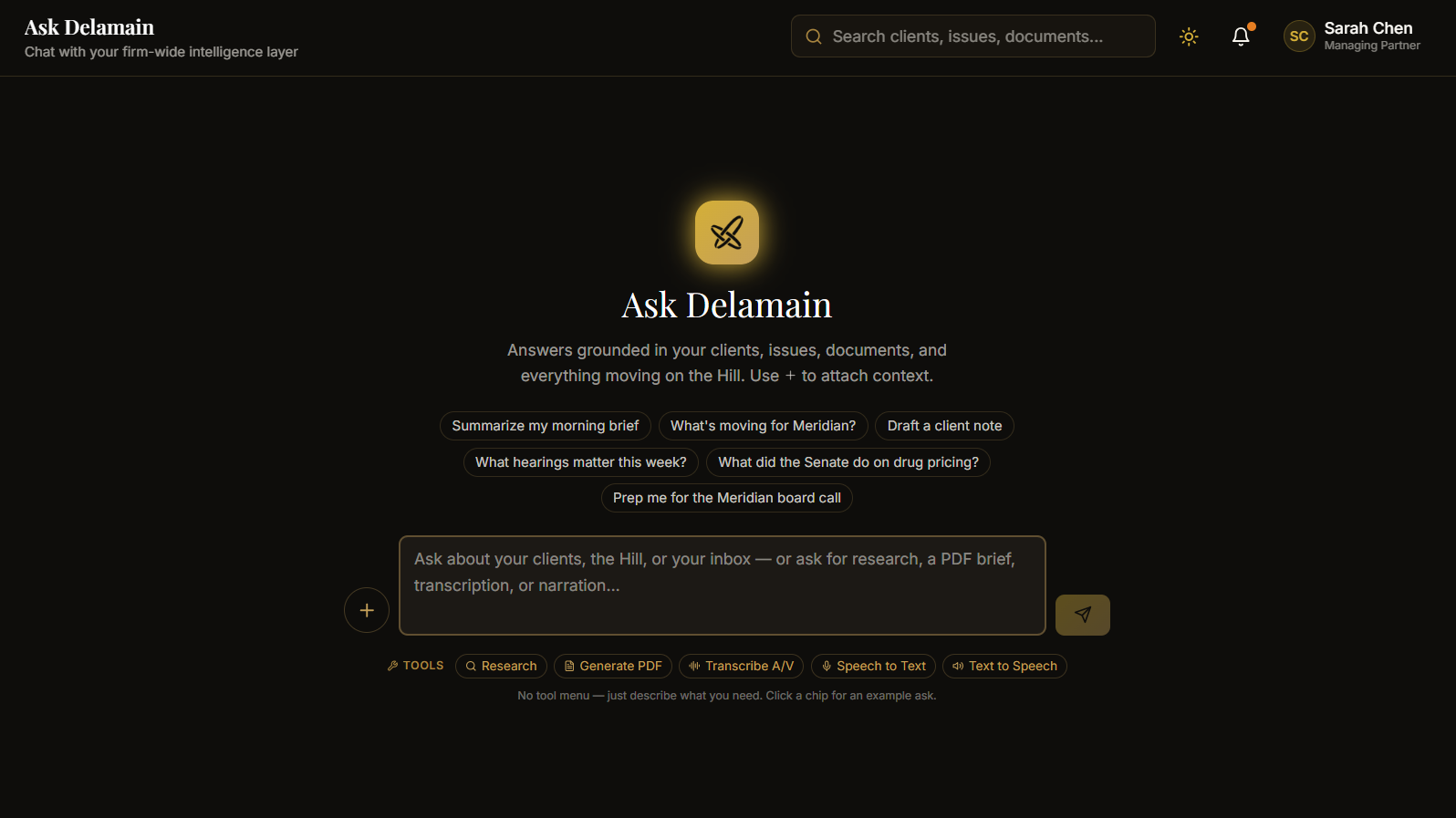 Ask Delamain chat screen with suggested prompts and tools