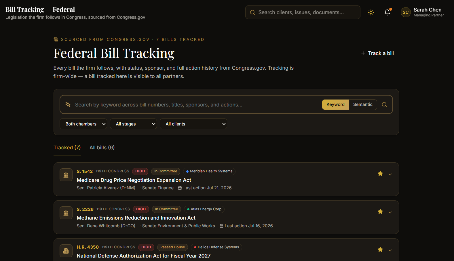 Federal Bill Tracking screen with tracked bills and stage badges