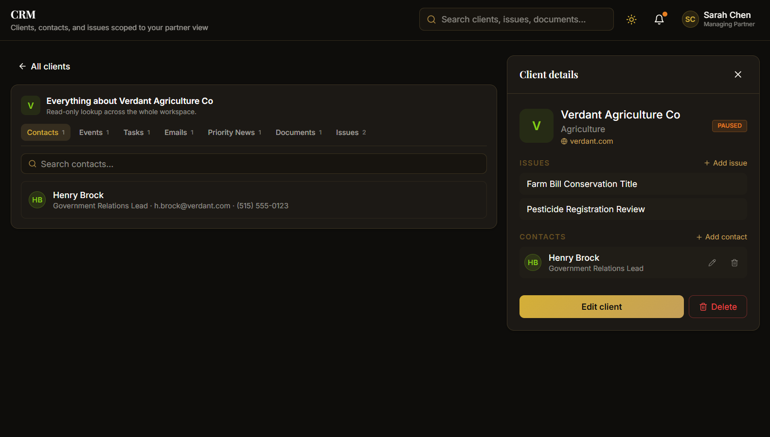 CRM screen with a client workspace and client details panel