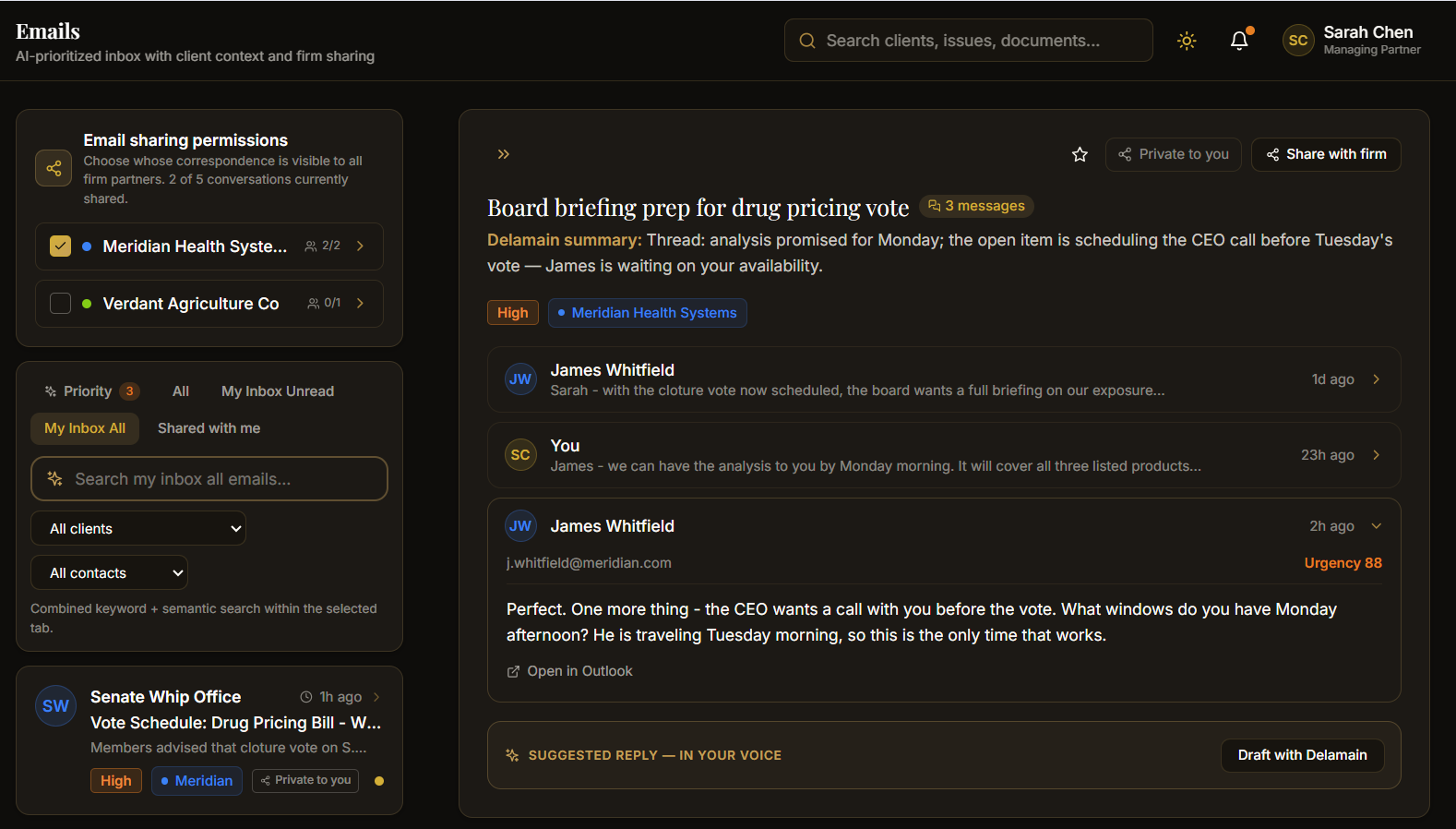 Emails screen with sharing permissions, priority tabs, and a threaded conversation