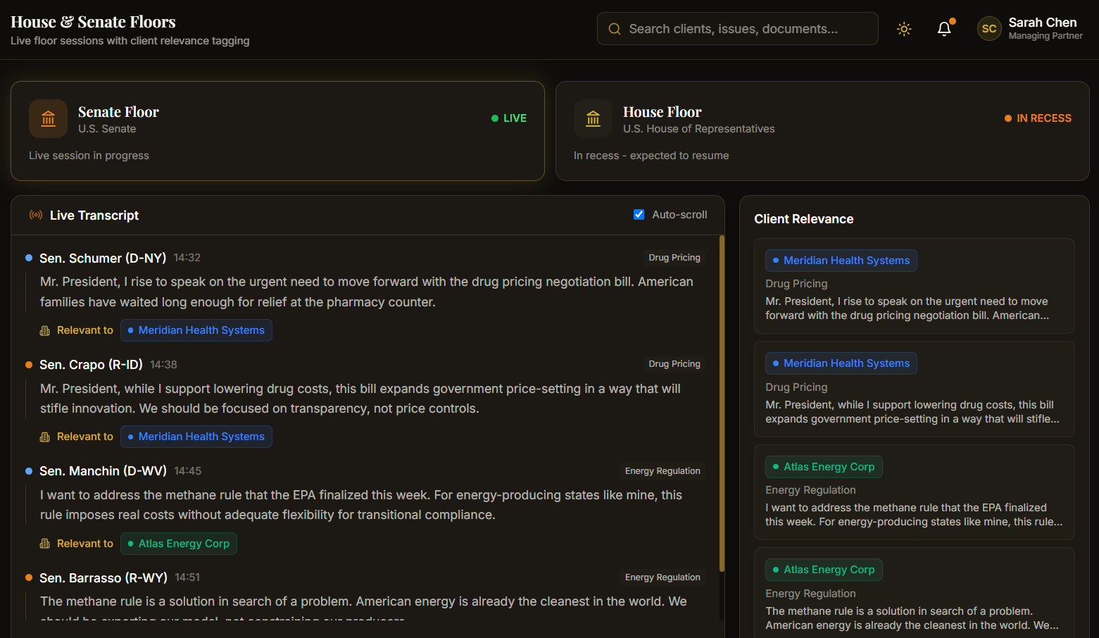 House and Senate Floors screen with live transcript and client relevance tagging