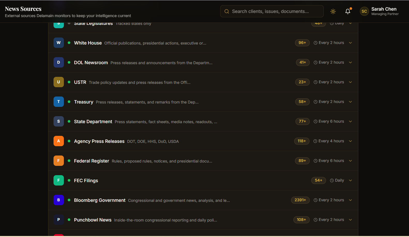 News Sources screen listing monitored sources with article counts and polling cadence